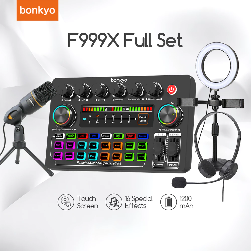 Bonkyo Paket Streaming Lengkap F999X: Sound Card + Mikrofon M100 + Headset SY442+ Lampu Pengisi